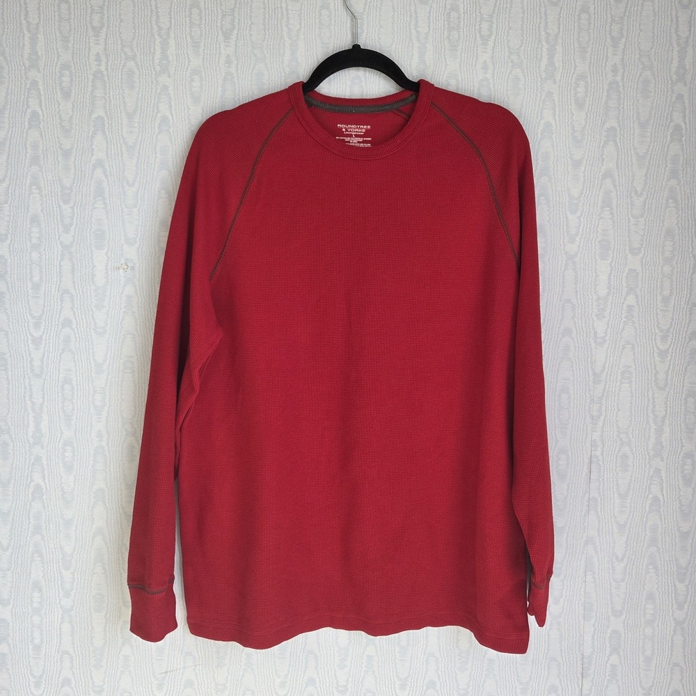 Mens L Roundtree Yorke Waffle Knit Shirt Loungewear Thermal Long Sleeve Red